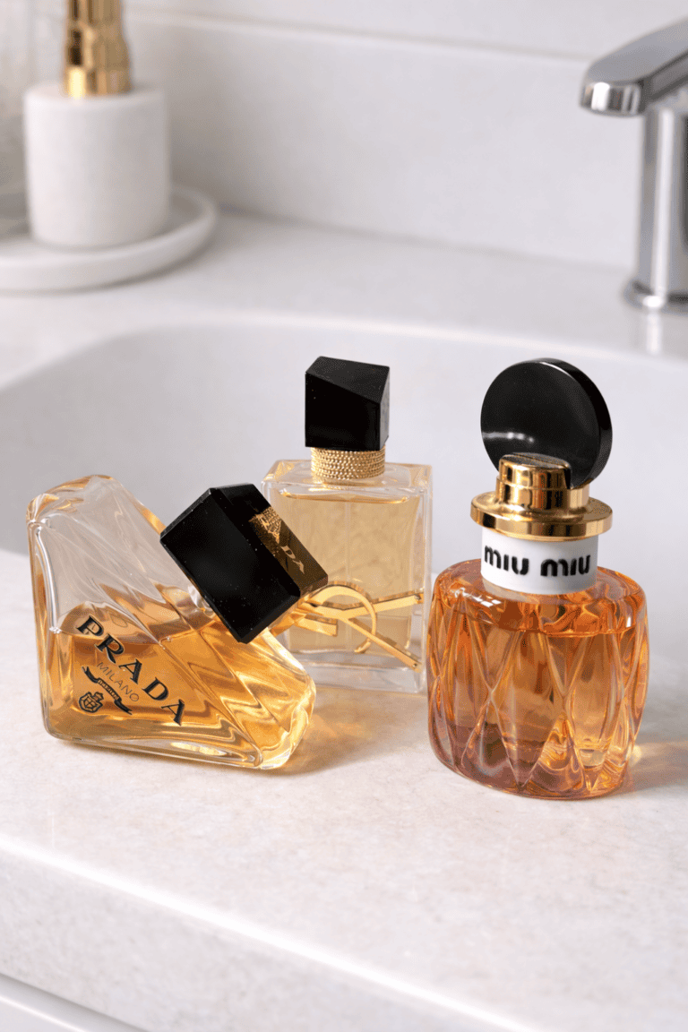 Layering perfume combinations featuring Prada Paradoxe, YSL Libre, and Miu Miu fragrance on a bathroom counter for Layers of Beauty