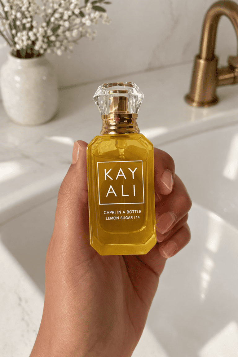 Kayali perfume Capri in a Bottle Lemon Sugar 14 fragrance held in hand in a minimal marble bathroom setting