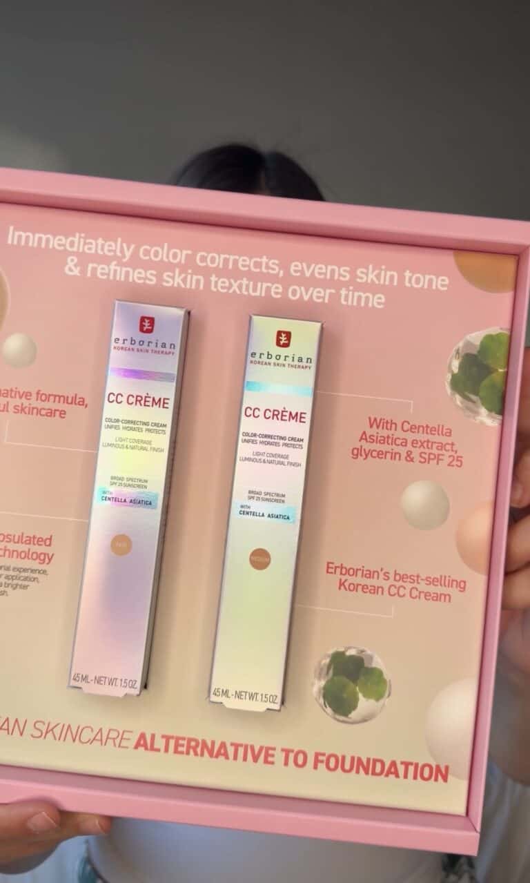 Erborian CC Crème Fair and Medium shades side by side in pink display box showing Centella Asiatica, SPF 25, and color-correcting cream packaging