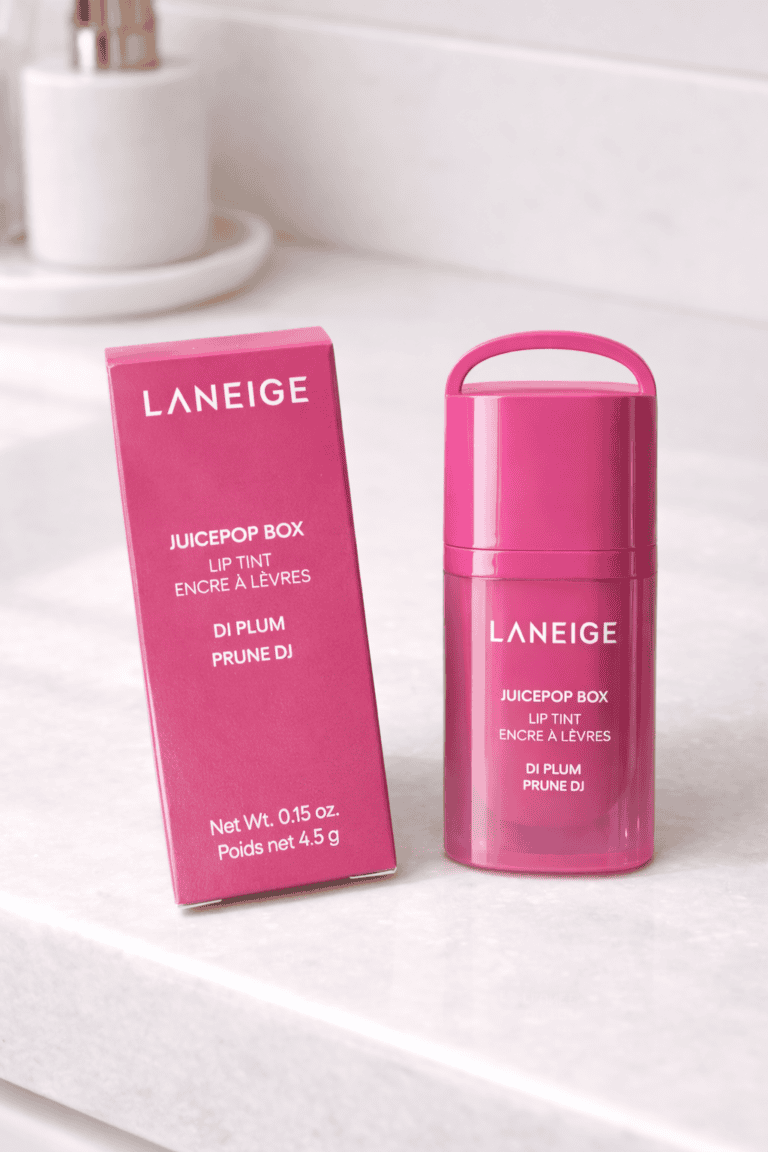 Laneige JuicePop Box Lip Tint in DJ Plum – unboxed tube and packaging, Laneige review