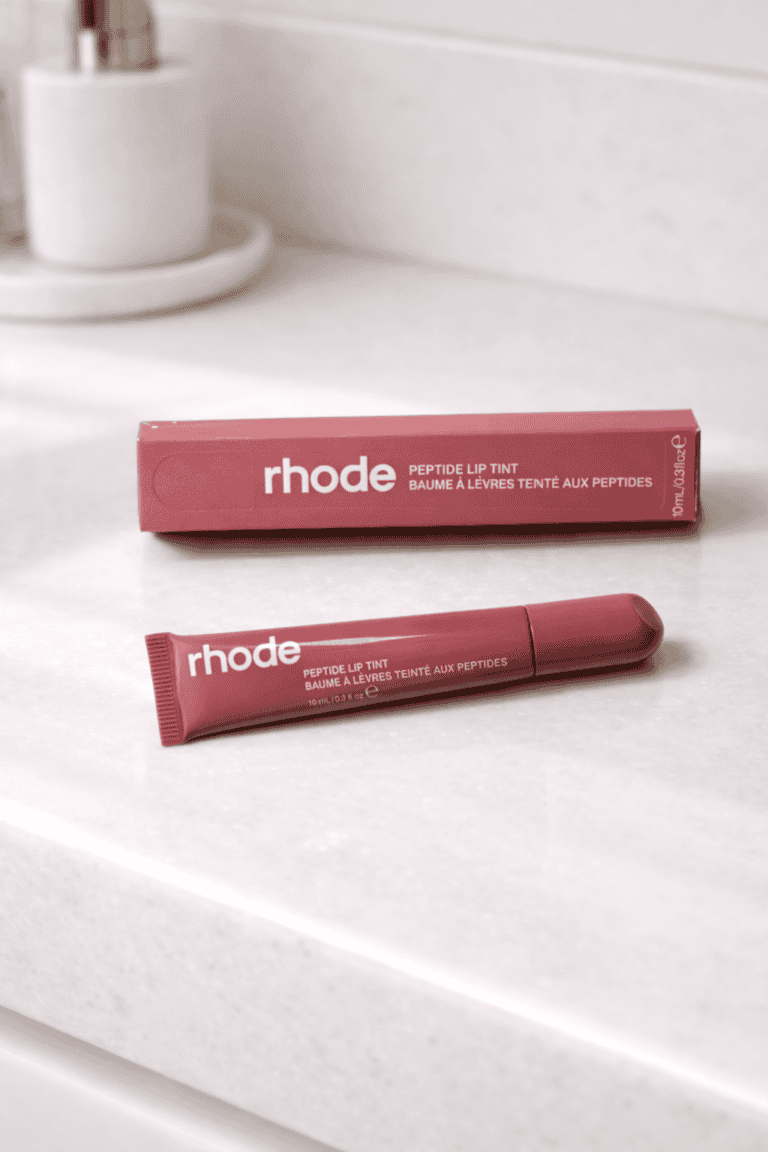 Rhode peptide lip tint and packaging photographed for Rhode skincare review