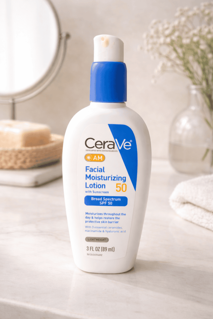 CeraVe AM Facial Moisturizing Lotion SPF 50 bottle on a marble bathroom counter with a mirror and white flowers in the background