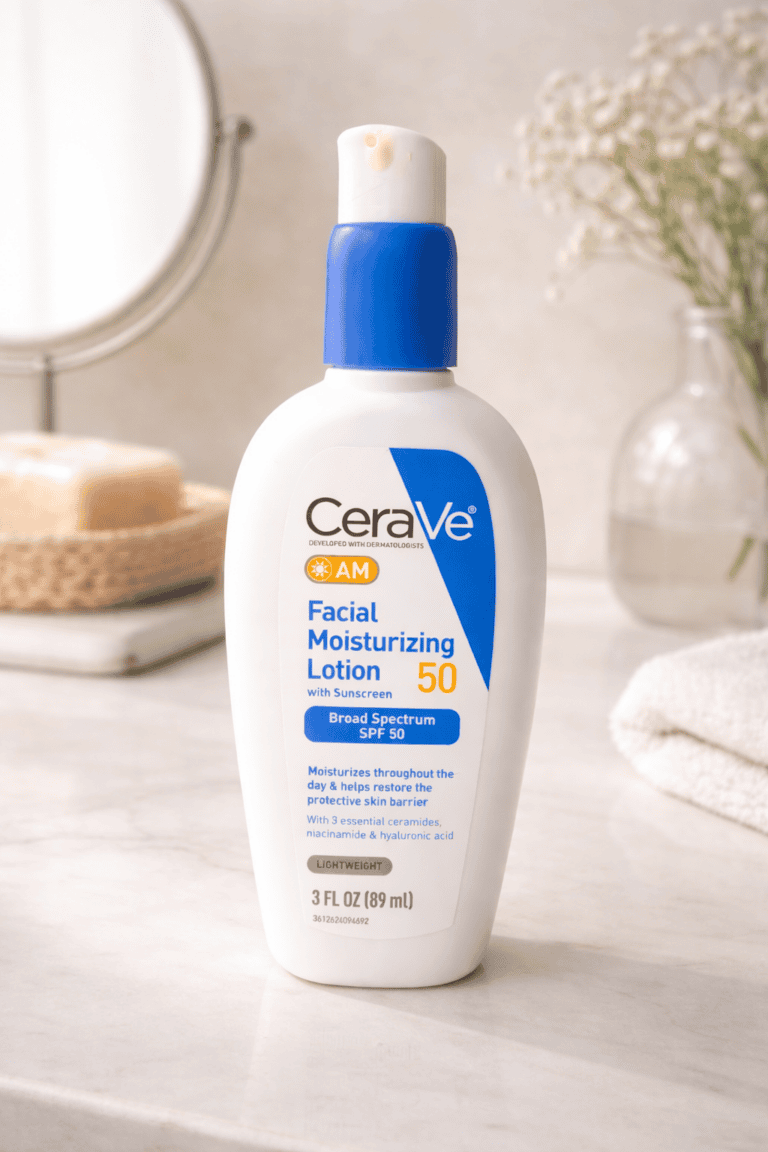 CeraVe AM Facial Moisturizing Lotion SPF 50 bottle on a marble bathroom counter with a mirror and white flowers in the background