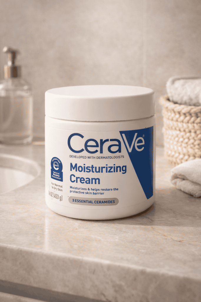 CeraVe Moisturizing Cream 16 oz jar on a marble bathroom countertop, showing 3 Essential Ceramides label and National Eczema Association seal