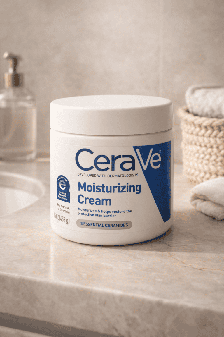 CeraVe Moisturizing Cream 16 oz jar on a marble bathroom countertop, showing 3 Essential Ceramides label and National Eczema Association seal