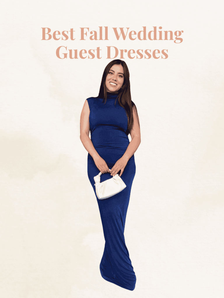 layers of beauty founder in a navy dress showing best fall wedding guest dresses