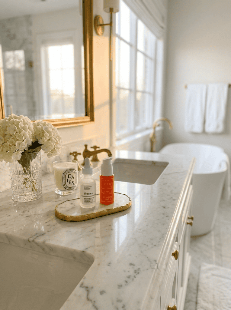 retinol and vitamin c on a bathroom counter