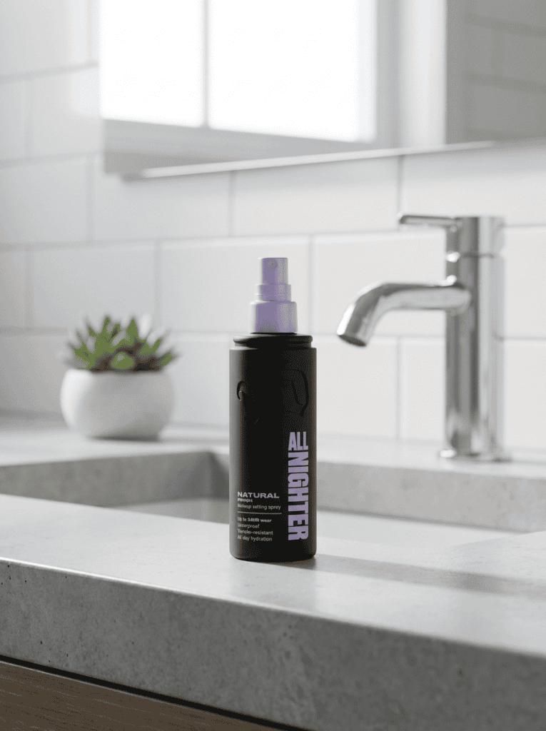 urban decay setting spray on bathroom counter