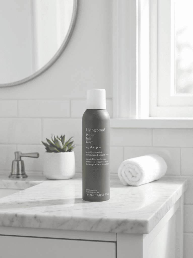 living proof dry shampoo on a bathroom counter