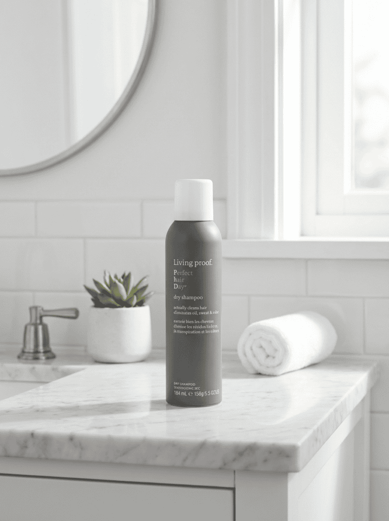 living proof dry shampoo on a bathroom counter
