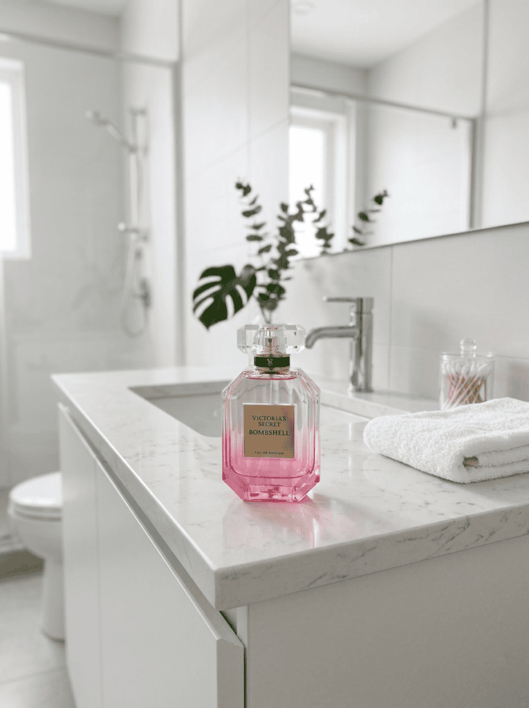 victoria secret perfume on bathroom shelf