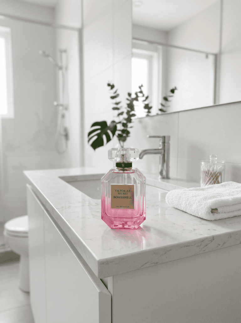 victoria secret perfume on bathroom shelf