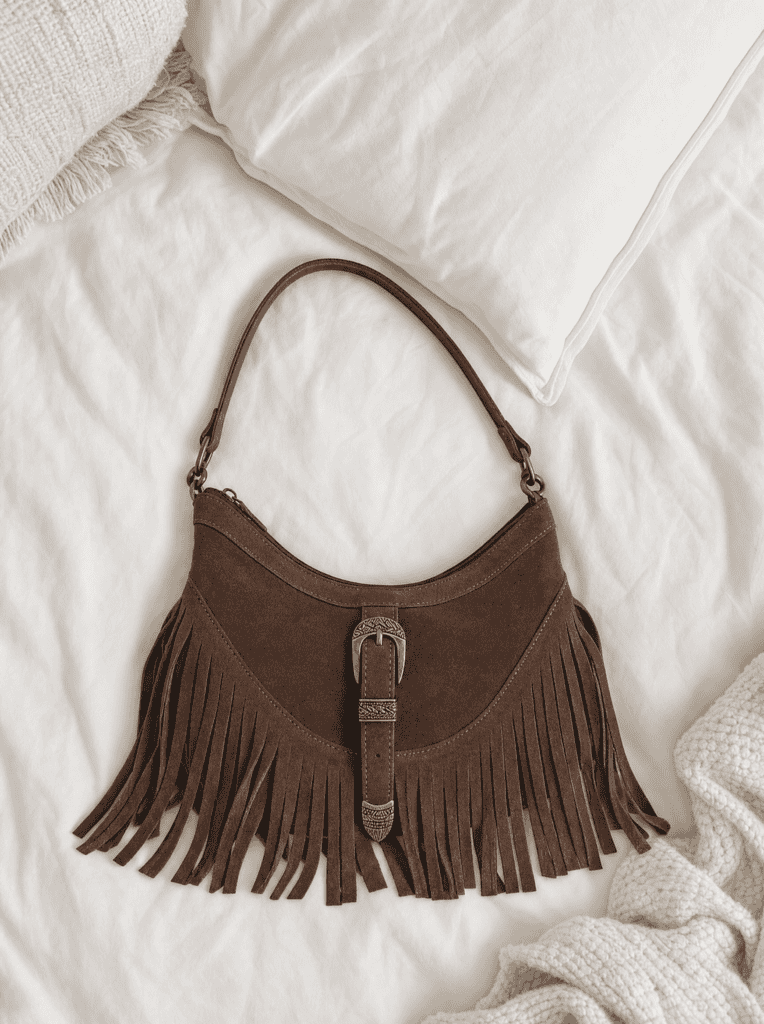 brown fringe purse on an aesthetic background