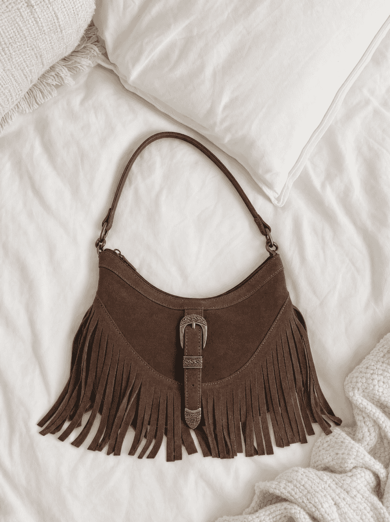 brown fringe purse on an aesthetic background